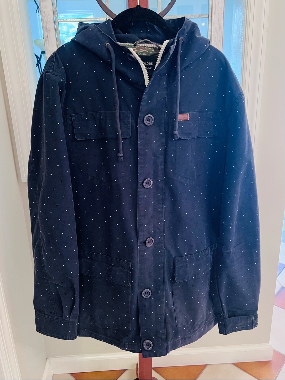 Men's Utility Cargo Skater Streetwear Navy Blue Hooded Jacket {L) EUC